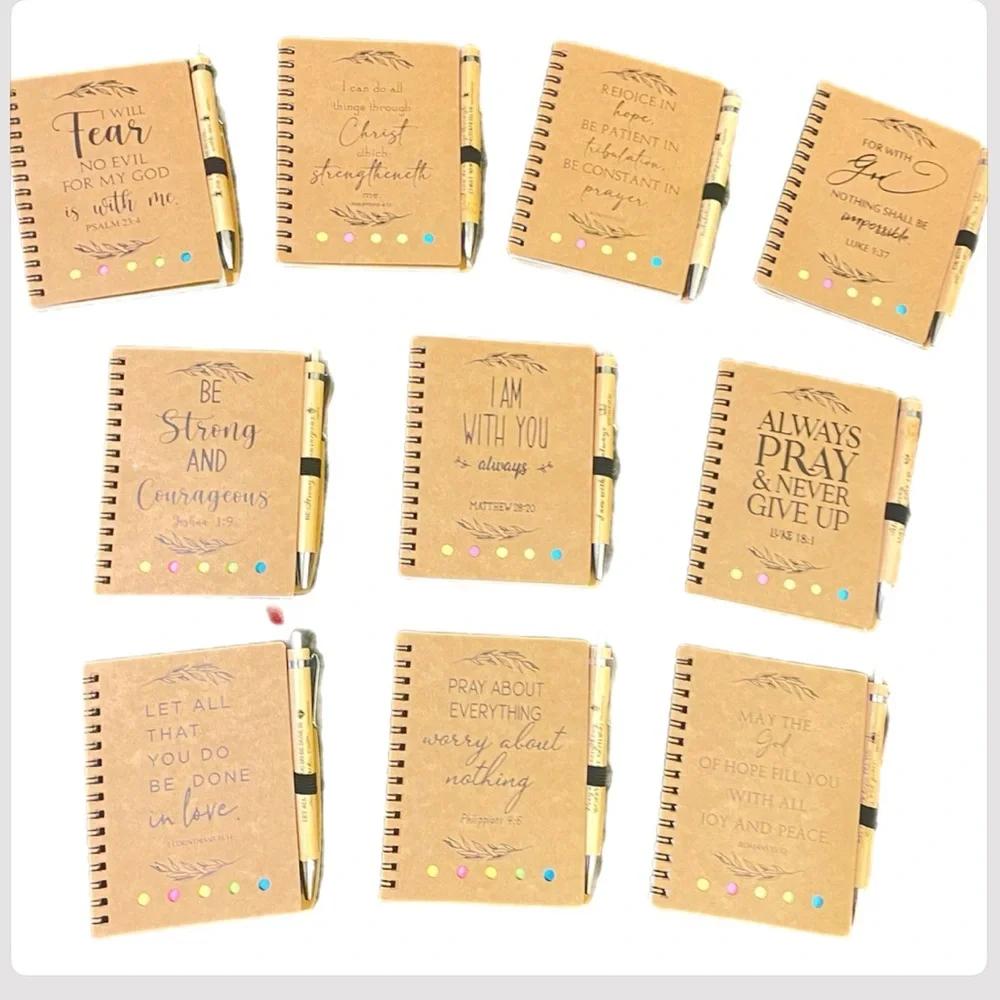 10 gift sets Christian Spiral Notebook W/Bible Verse,Bamboo Pen+matching+Journal